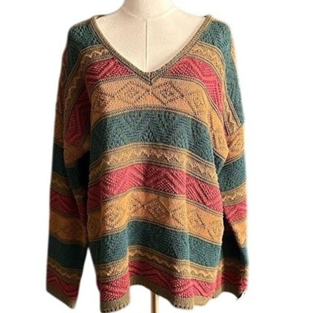 Vintage Judy's Boho Textured Knit Sweater Earthy Striped V-Neck‎ Medium